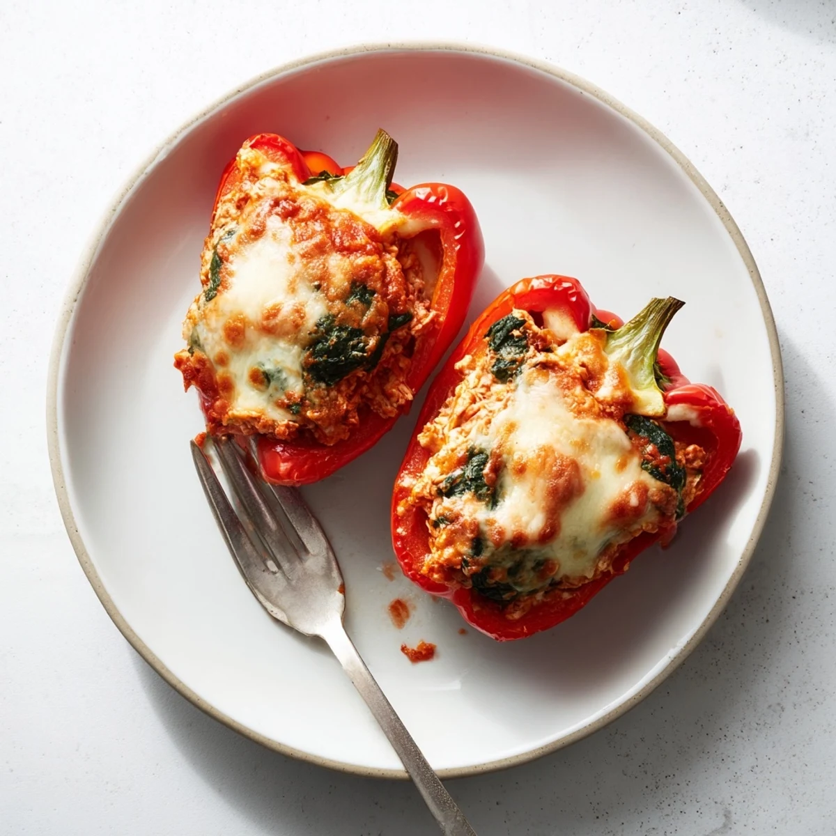 Savory chicken Florentine stuffed peppers filled with ricotta and herbs in a baking dish