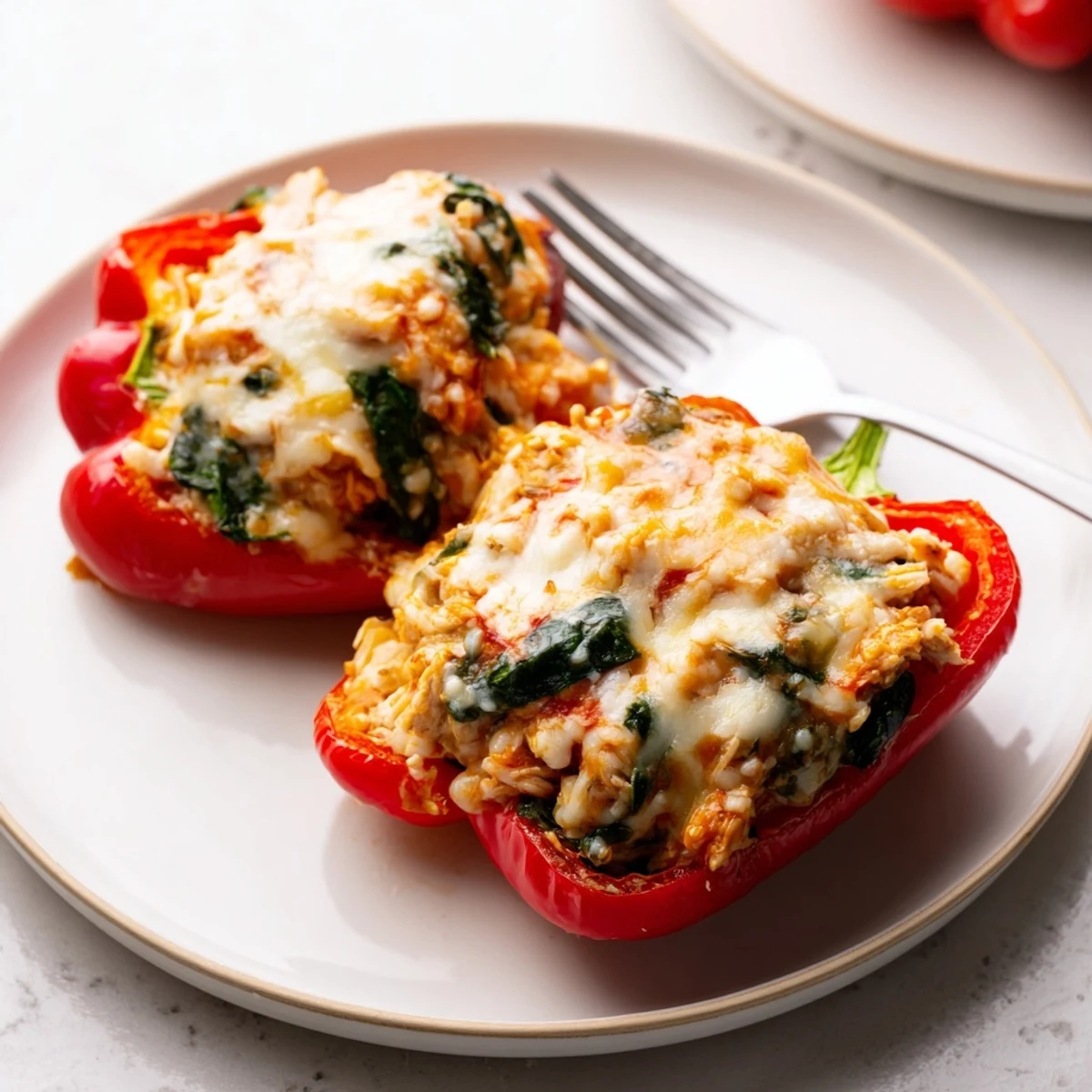 Tender baked peppers oozing chicken and spinach filling on a white plate with garnish