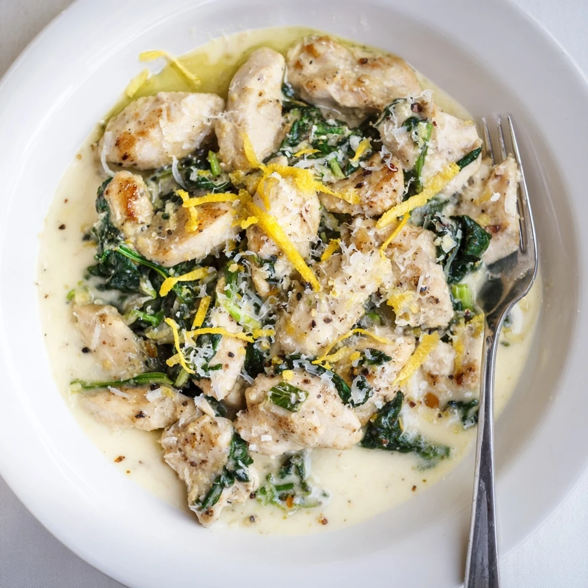 Golden seared chicken breasts resting in a rich lemon Parmesan cream sauce with wilted spinach