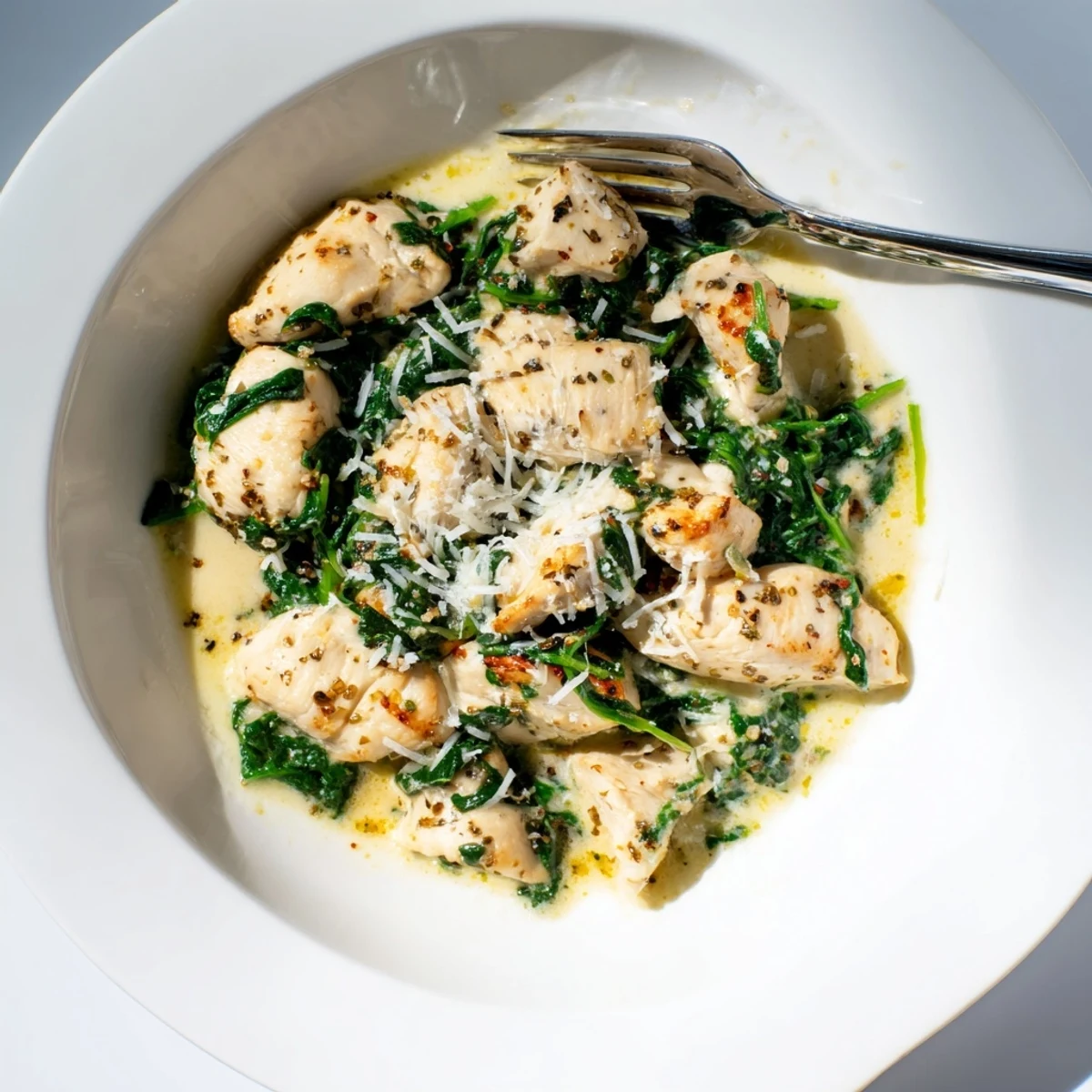 Succulent lemon Parmesan spinach chicken garnished with extra cheese and fresh lemon slices