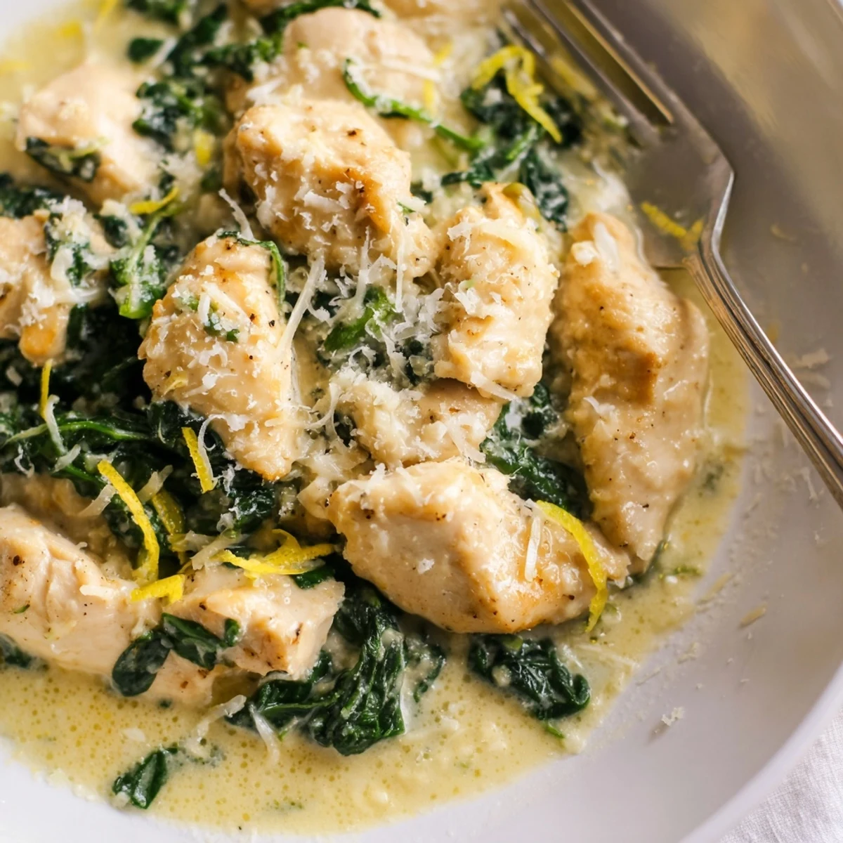 Savory Italian style chicken simmering in a tangy garlic cream sauce with fresh greens