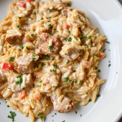 Steaming bowl of One Pot Cajun Chicken Alfredo Orzo topped with fresh parsley