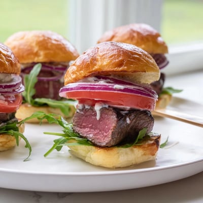 Crispy garlic parmesan rolls stacked with seared filet mignon sliders, red onion, and horseradish cream