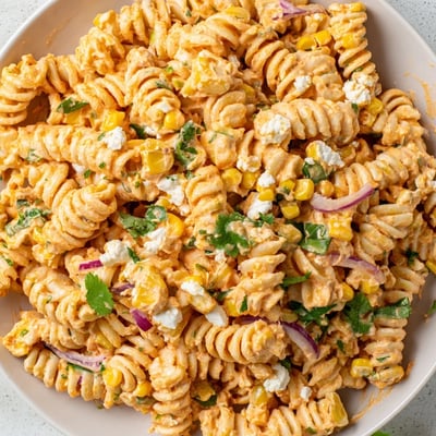 Vibrant elote pasta salad in a smoky lime dressing with sweet golden corn kernels