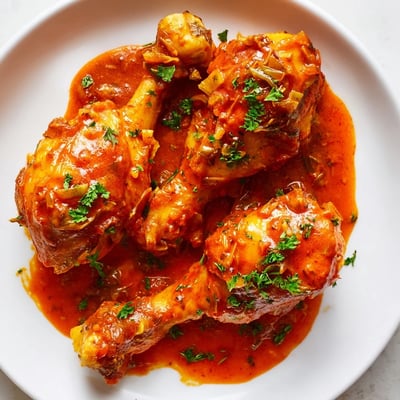Succulent creamy paprika chicken drumsticks coated in a rich reddish sauce ready to serve