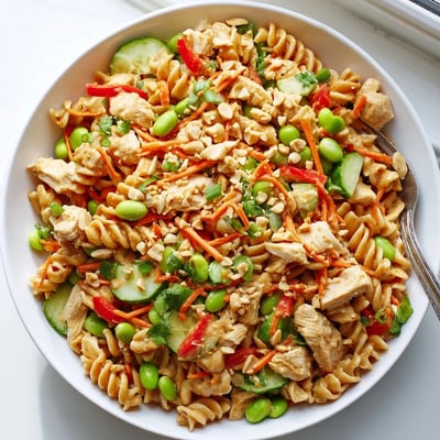 Creamy peanut dressing coats vibrant vegetables and tender pasta in this Protein Packed Thai Pasta Salad